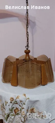 Ретро полилей от масивно дърво и 6 стъклени плочки. За 6 крушки. Перфектно състояние, снимка 8 - Антикварни и старинни предмети - 49934186