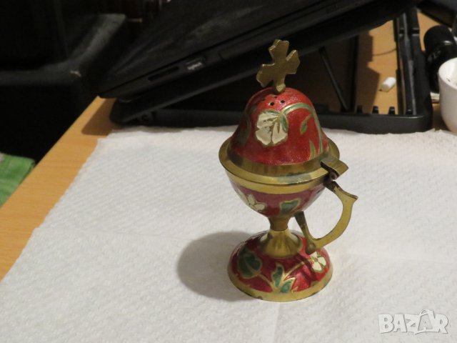 Старинно рисувано в изкрящо червено и на цветчета бронзово кадило, кандило тамянник 14см за параклис, снимка 7 - Антикварни и старинни предмети - 29772311