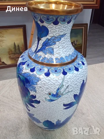 Китайска ваза Клоазоне (Cloisonné) – изящна изработка от мед, емайл и позлата (21х11 см), снимка 4 - Вази - 55946336