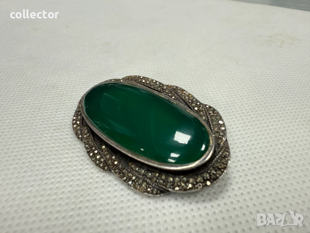 Сребърна брошка с Ахат и Марказити. №7650, снимка 3 - Колиета, медальони, синджири - 52563800