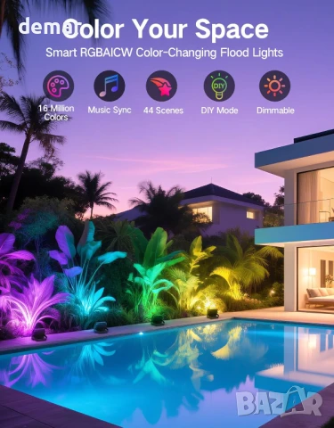 OUTON V2 Смарт външни LED прожектори RGBAICW, приложение и дистанционно, 4 броя, IP65, снимка 2 - Лед осветление - 51316357