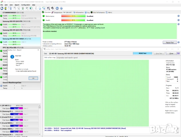 Samsung 860 EVO 500GB SATA SSD | 560 MB/s | 98% Живот | Тестван | 2.5 inch | LPDDR4 DRAM | 300 TBW, снимка 4 - Твърди дискове - 54099119