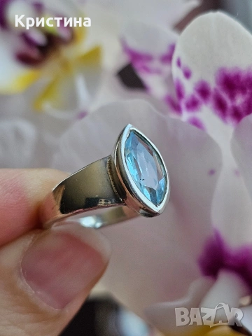 Марков сребърен пръстен със Син Топаз, снимка 2 - Пръстени - 54235042