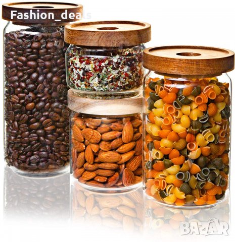 Комплект 4 стъклени контейнера за съхранение на храни с дървен капак, снимка 1 - Кутии за съхранение - 33759608