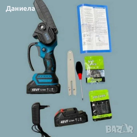 Акумулаторен трион за дърво и клони UKC 48V – 6″ верижна резачка с 2 батерии и 2 вериги, снимка 3 - Други инструменти - 52811521