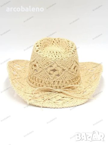 Ръчно плетена каубойска сламена шапка с повдигната периферия, 5цвята , снимка 11 - Шапки - 44447938
