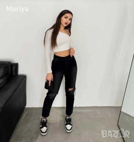 Черни скъсани дънки С размер с висока талия, снимка 4 - Дънки - 52086395
