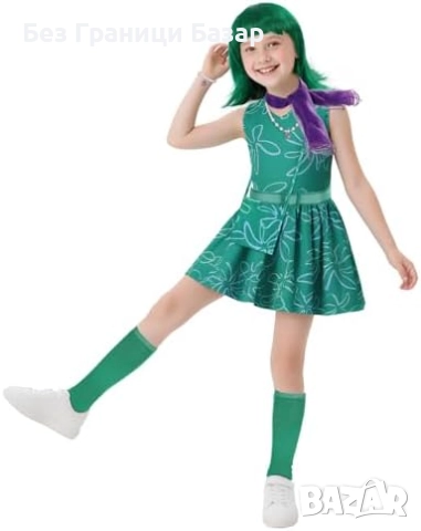 Нов Детски карнавален костюм Disgust Inside Out – рокля с перука 9 части, снимка 3 - Други - 52153961