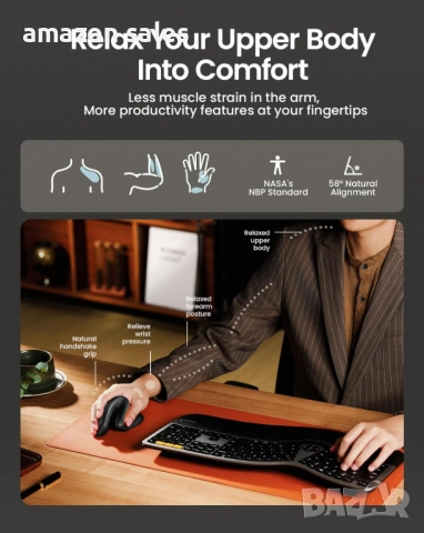 ProtoArc Ергономична мишка EM11 NL Bluetooth презареждаща безжична вертикална връзка с 3 устройства, снимка 4 - Клавиатури и мишки - 51912037