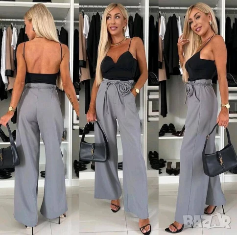 Дамски елегантен панталон с роза в Черно и Сиво, снимка 3 - Панталони - 50770517