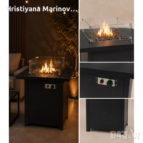 Газов градински отоплител тип огнище 13 kW с лавови камъни и стъклена защита