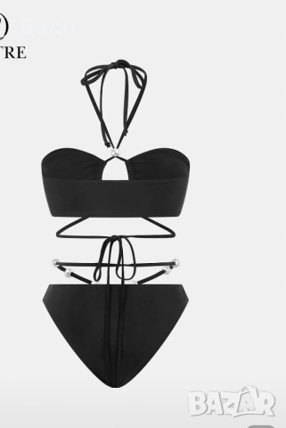 Черен бански с перли, връвки и пола, снимка 7 - Бански костюми - 53157268