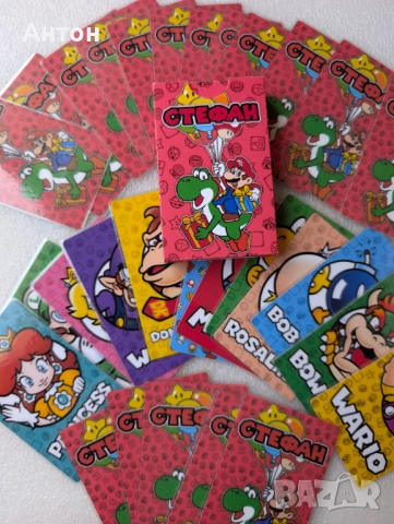 Персонализирани ламинирани мемори карти Супер Марио с име на детето с кутийка.