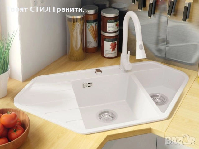 Бяла ъглова кухненска гранитна мивка Копенхаген 900 Corner 900x500 мм, снимка 3 - Мивки - 51892486