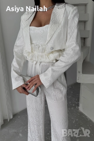 Дамски бял костюм от 3 части – сако, топ и широк панталон, снимка 10 - Костюми - 52792810
