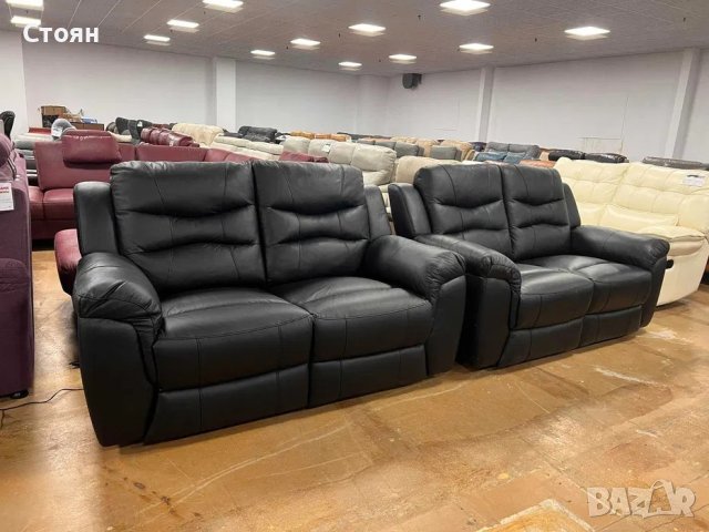 Черни кожени дивани две двойки с релаксиращ механизъм, снимка 5 - Дивани и мека мебел - 40751489