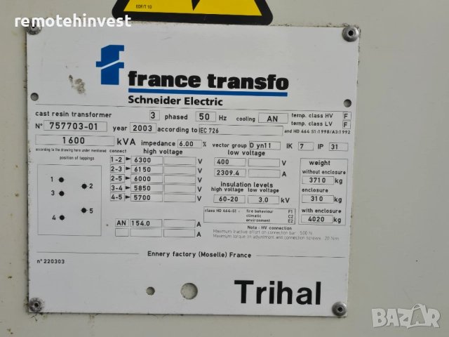 Силови Трансформатори-Сух Тип 1600kVA  6/0.4, снимка 5 - Други машини и части - 52725159