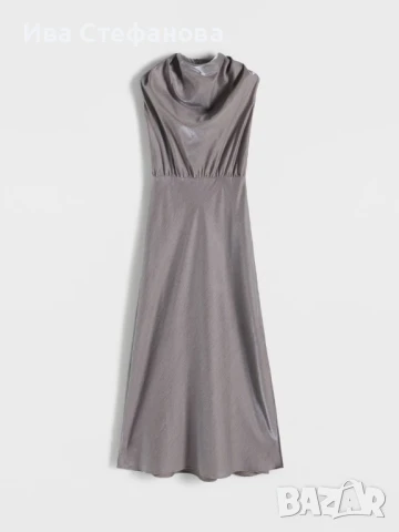 Нова шик елегантна дълга сива сребърна рокля драпирано деколте , снимка 4 - Рокли - 50218059