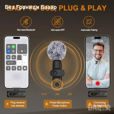 Нови Безжични двойни лавалиер микрофони 2 броя с приемник USB-C Lightning, снимка 2 - Микрофони - 53280548