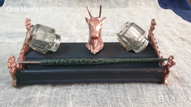 Стара антична мастилница от метал,дърво и кристал, снимка 6 - Антикварни и старинни предмети - 51230207