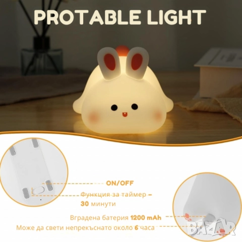 Нощна лед лампа заек Tilihome Rabbit LED Light - сладка заешка лампа, която носи уют, усмивки и спок, снимка 2 - Други - 52013320