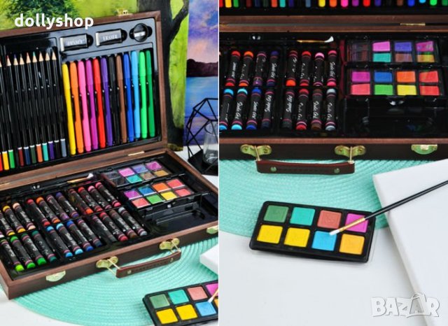 Голям рисувателен комплект в дървен куфар, комплект за рисуване, 81 елемента, снимка 13 - Рисуване и оцветяване - 34389272