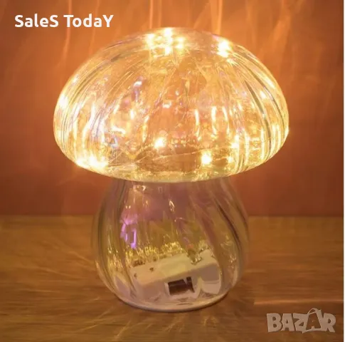 Стъклена лампа гъбка, лед, 14x16 см, снимка 2 - Лед осветление - 48613927