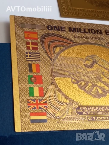 Позлатена с 24 карата банкнота 1000000 евро със сертификат, снимка 8 - Нумизматика и бонистика - 51339950