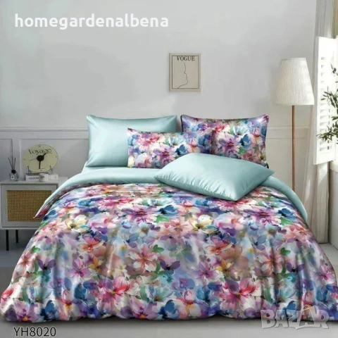 Луксозно спално бельо памучен сатен флорални десени 4 части двоен комплект с ластик