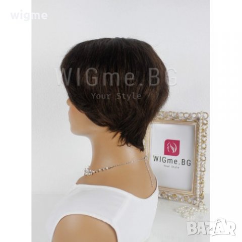 Къса тъмнокестенява перука от естествен косъм с бретон Вики, снимка 3 - Аксесоари за коса - 34515315