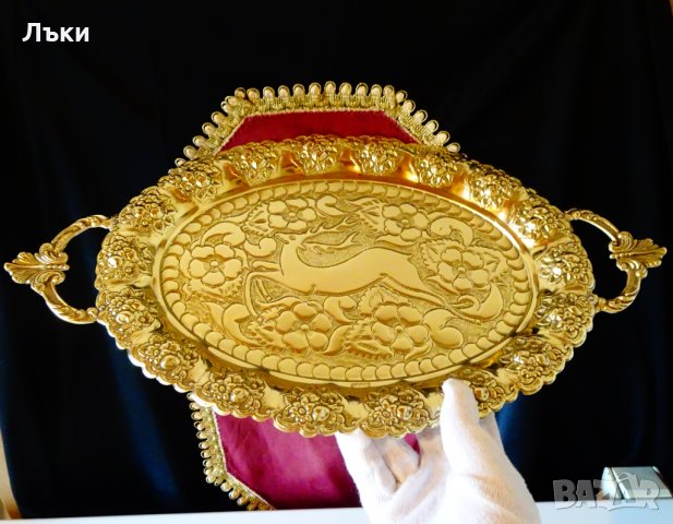 Бронзов поднос,плато,фруктиера,лов,Елен,маркиран., снимка 3 - Антикварни и старинни предмети - 30734112