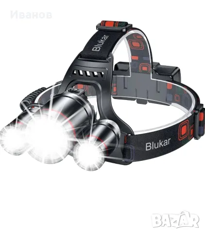 LED акумулаторен челник Blukar, супер ярък 8000 лумена с 5 режима и червена светлина, IPX6