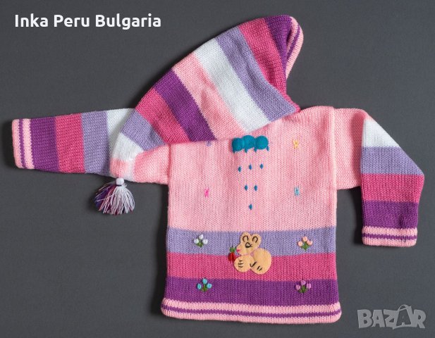 Розова перуанска детска жилетка с елфска качулка, размери от 0 до 7 години , снимка 2 - Детски пуловери и жилетки - 35537452