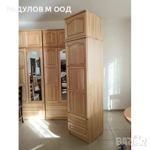 Еднокрилен гардероб масив чам с надстройка и 2 чекмеджета / 33007, снимка 4 - Гардероби - 52008633