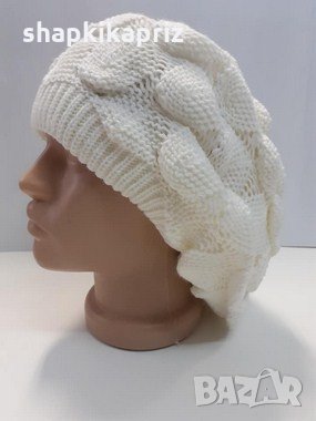 Шапки Каприз. Дамска плетена шапка барета,топла в цвят екрю-24, снимка 1 - Шапки - 34509701