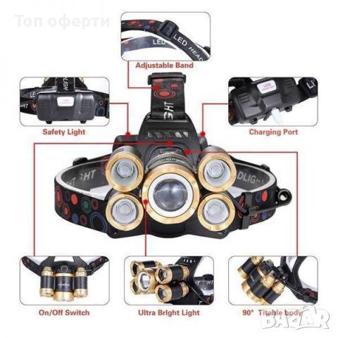 Супер мощен LED челник с акумулаторни батерии и 5 LED диода, снимка 3 - Къмпинг осветление - 36968246