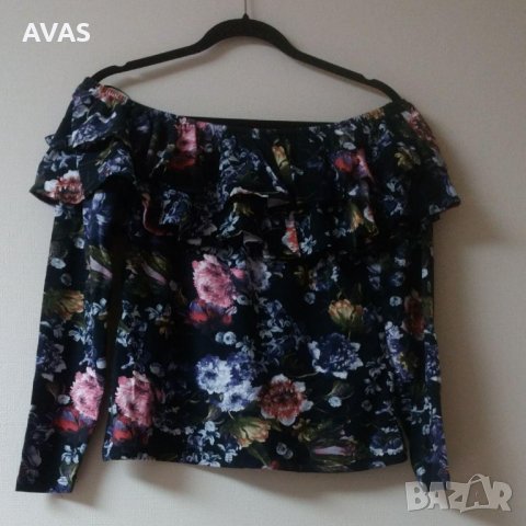 Нова H&M пролетна блуза с дълъг ръкав волани и деколте лодка L размер тъмно синя на цветя, снимка 3 - Блузи с дълъг ръкав и пуловери - 31197252