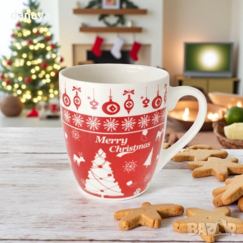 6236 Коледна чаша Merry Christmas, празничен червено бял дизайн, 180 мл