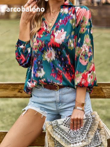 Дамска блуза с флорален принт и V-образно деколте, 4цвята - 023, снимка 10 - Блузи с дълъг ръкав и пуловери - 42038517