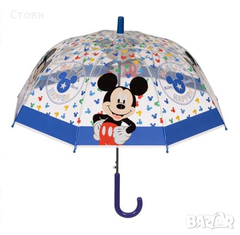 Чадър тип бастун ръчен детски прозрачен Мики 64см, снимка 2 - Чадъри - 42877346