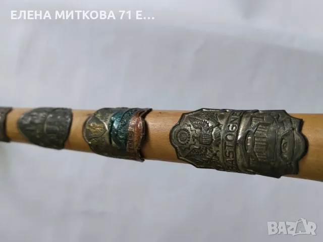 Винтидж алпийски туристически бастун ,изработен от дърво ,с метален накрайник и с метални значки, снимка 6 - Други ценни предмети - 56121729