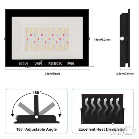 LED RGB прожектор, 100W външен прожектор WiFi IP66, снимка 5 - Прожектори - 48163738