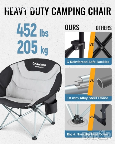 KingCamp Moon Chair, сгъваем къмпинг стол, здрав, подплатен с поставка за чаши. Сиво-черно , снимка 5 - Къмпинг мебели - 52632729