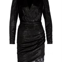 PINKO къса черна блестяща рокля с дантела и дълъг ръкав, р-р M/D38, снимка 2 - Рокли - 43932536