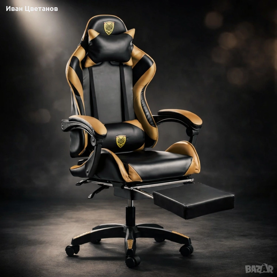 Черен геймърски стол с златисти акценти и разтегляема поставка за крака , снимка 1