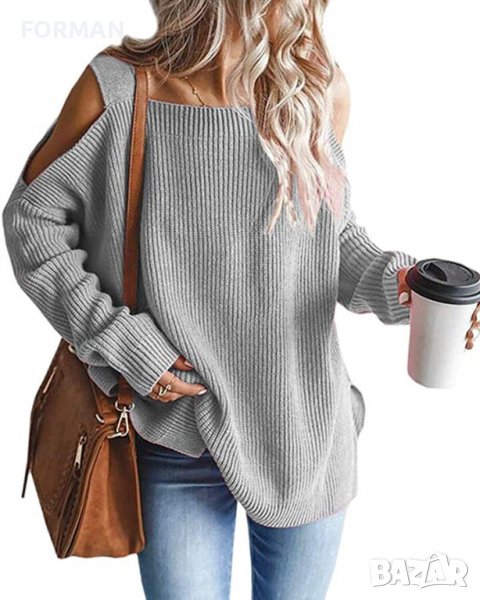 -20% ШИРОКА сива блуза с отворени рамене - плетиво , снимка 1