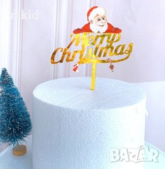 Merry Christmas Дядо Коледа Златист твърд Акрил топер за торта украса декорация, снимка 1