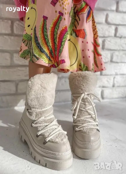 Боти на платформа - бежова кожа с бежов пух, снимка 1