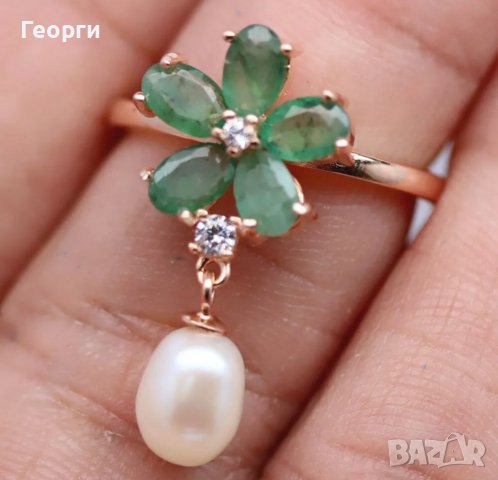 Уникален дамски сребърен пръстен със Смарагди,бял Топаз и бяла перла, снимка 2 - Пръстени - 37715198