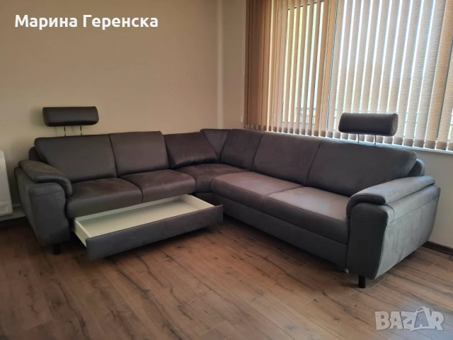 Ъглов диван с функция сън, два регулируеми подглавника, две подвижни облегалки  и ракла–чекмедже, снимка 4 - Дивани и мека мебел - 54308294